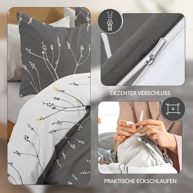 Комплект постільної білизни Dreamzie 200x200 см з 2 наволочками 80x80 см, сірий малюнок гілок - постільна білизна для дорослих 200x200 з 100% мікрофібри, сертифікат Oeko TEX без хімікатів