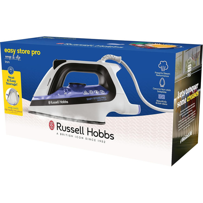 Праска Russell Hobbs Компактне зберігання кабелю Парова праска Wrap & Clip (2400 Вт, додатковий паровий удар 180 г, резервуар для води 320 мл, керамічна підошва, функція самоочищення)26730-56