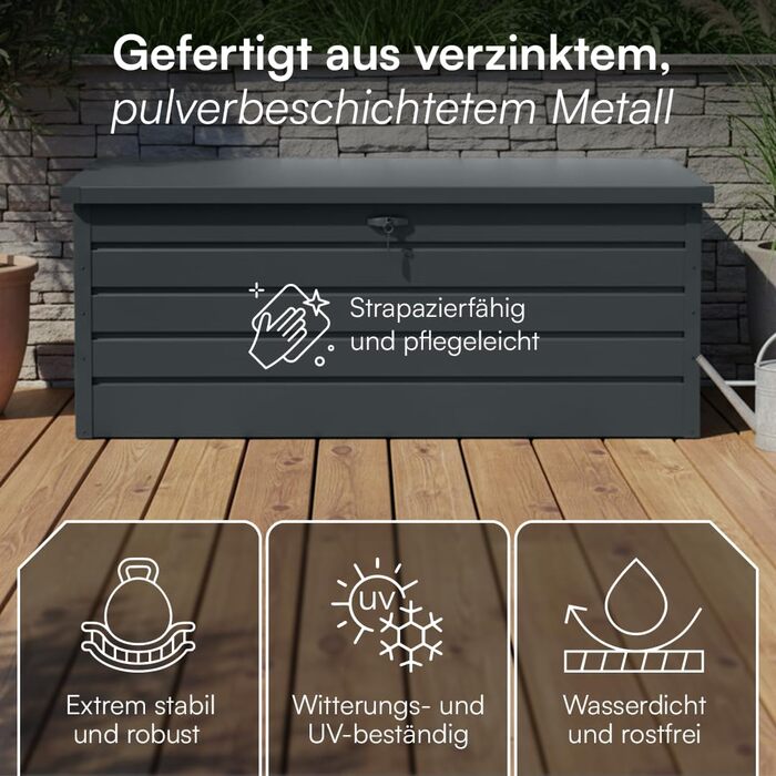 Скриня для саду STEELSØN Dorado 600л, металева оцинкована, водонепроникна, антрацит, з замком та відкидною кришкою - для саду, балкону, тераси 120x62x63 см