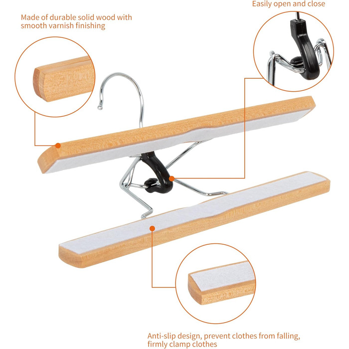 Дерев'яна вішалка для штанів, натуральна, 10 шт.