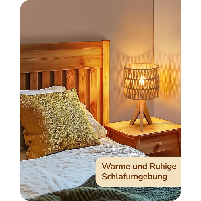 LED настільна лампа EDISHINE з абажуром з ручної роботи, дерев'яною ніжкою, тепле світло 2700K, бохо-стиль, для спальні, вітальні, готелю, з лампочкою E27 4W