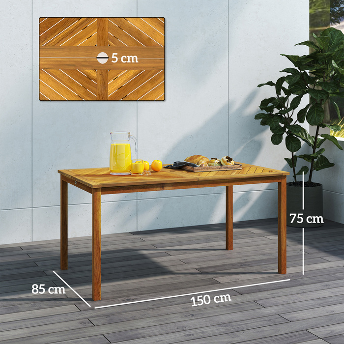 Складний садовий стіл Outsunny 150x85 см, стійкий до погодних умов дерев'яний балконний стіл, розкладний стіл на 6 осіб з отвором для парасольки, обідній стіл на відкритому повітрі з дизайном планки, журнальний столик, стіл патіо для саду Балконний тик