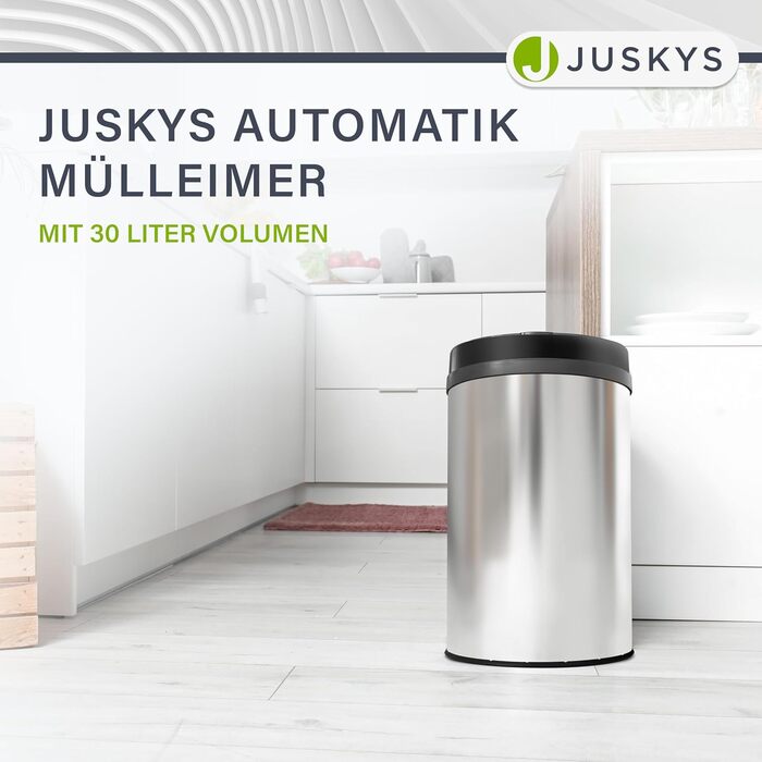 Відро для сміття Juskys з датчиком руху, 30 л, сріблястого кольору - нержавіюча сталь, з кришкою-кліпсою для пакетів