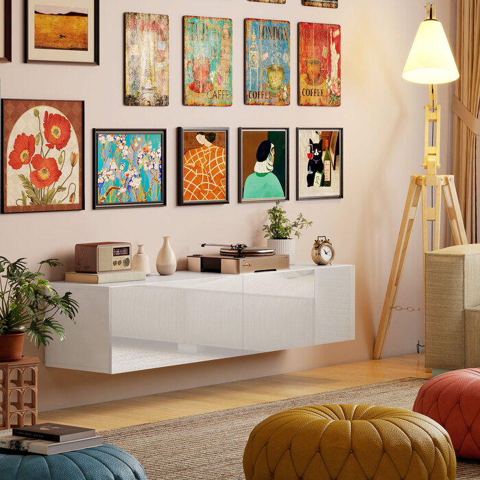 Настінна тумба під телевізор, підвісна комода з великою полицею та місцем для зберігання, ДСП, білий