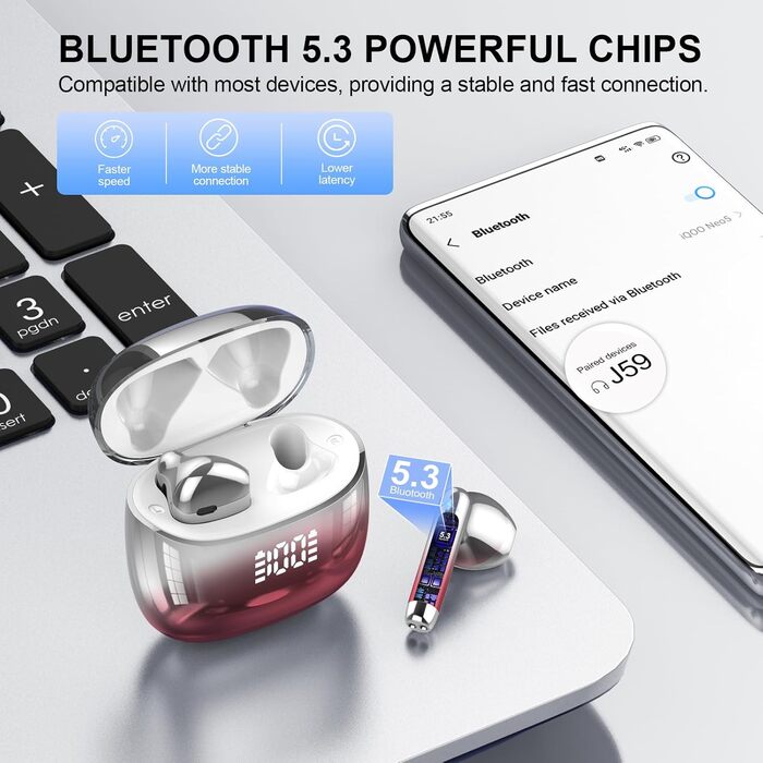 Навушники-вкладиші Bluetooth 5.3, 4 мікрофони ENC, стерео HiFi, 40 годин, глибокі баси, світлодіод, водонепроникність IP7, червоний