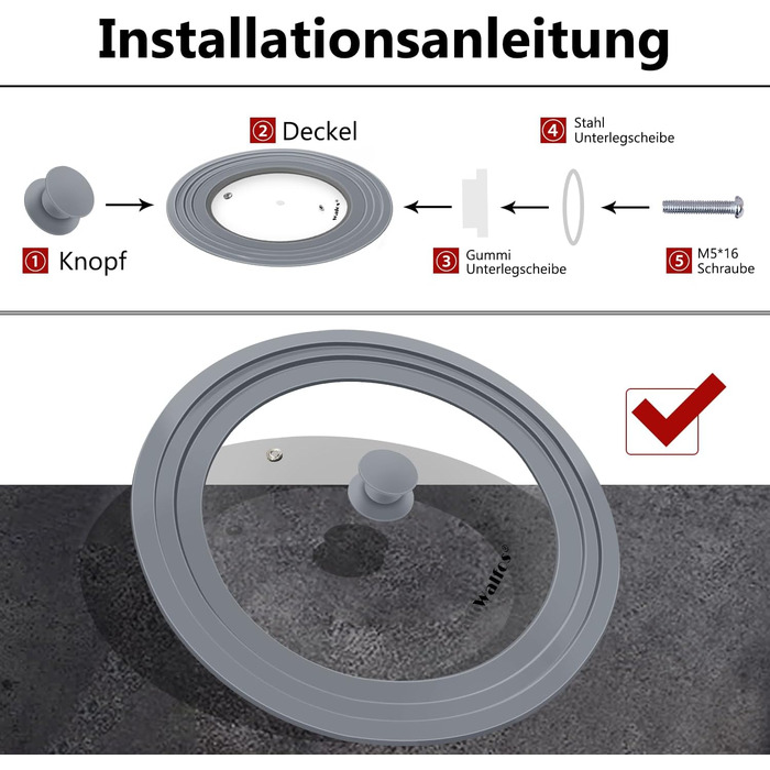 Універсальна скляна кришка для каструль та сковорідок Walfos з силіконовим обідком, термостійка, сіра (діаметр 33, 36, 38 см)
