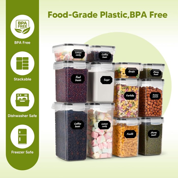Набір контейнерів для зберігання продуктів 22 шт. з кришкою, BPA-Free, для крупи, макаронів, кави (2,8 L/2 L/1,4 L/0,8 L/0,52 L)