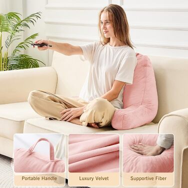 Підкуштунок Sasttie для читання з велюровою спинкою, подушка для підтримки спини для дорослих, з підлокітниками для читання на ліжку, дивані, підлозі, в гуртожитку, аксесуар для читання, персиковий, 18 дюймів, персиковий рожевий