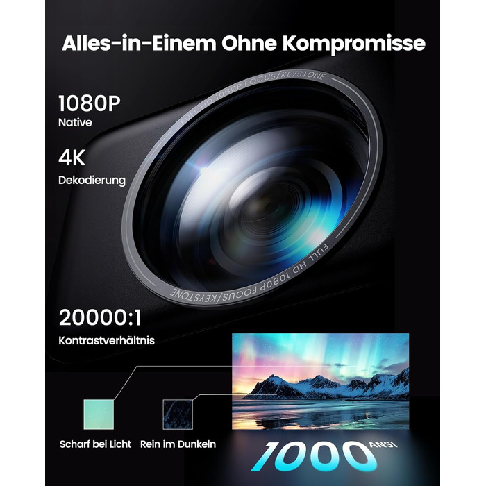 4K проєктор Smart Beamer з Netflix, Dolby Audio, 1000 ANSI люмен. Підтримка автофокусу, корекції трапеції 6D, WiFi 6/Bluetooth. Підходить для Android/iPhone, для дому та на вулицю. Чорний.