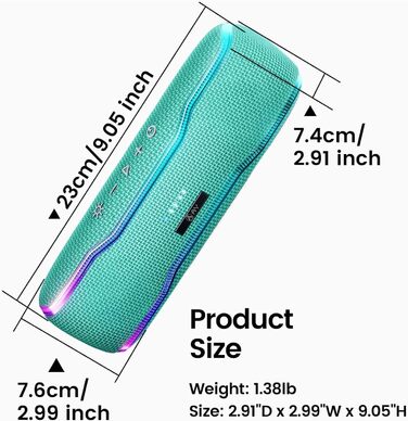 Портативна Bluetooth колонка з підсвічуванням та потужним басом, IPX7, 24 годин роботи, мікрофон, для дому та відпочинку на природі (світло-зелений)