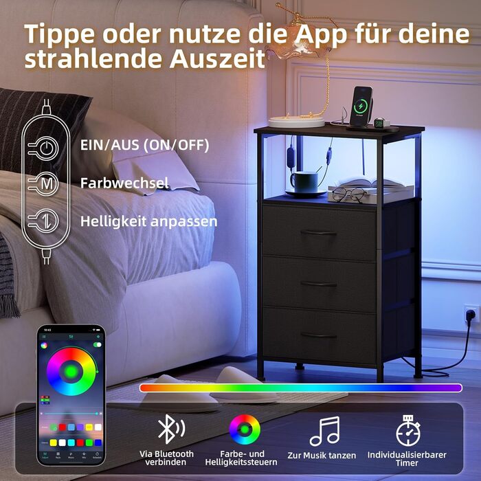 Нічний столик Somdot з підзарядкою, LED, розеткою (USB, Type-C) для спальні, вітальні, дитячої кімнати, чорний, 30x40x60/72 см (2/3 ящики)