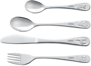 Набір дитячого столового прибору Maverton Kinderbesteck з гравіюванням + дерев'яна коробка з надруком (з тваринами) з нержавіючої сталі, коричневий. Подарунок для дівчинки на день народження, хрещення, народження. Різдвяні подарунки. Ведмедик (торт на ден