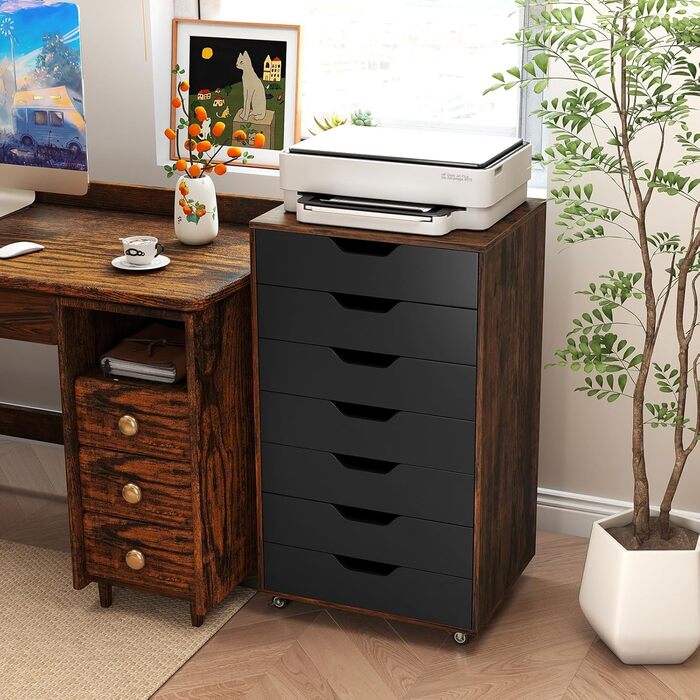 Роликовий контейнер KOMFOTTEU з шухлядами, мобільний офісний шафчик, шафка для документів на колесах, білий офісний візок, шафка для паперів та документів (Коричневий)