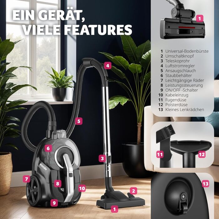 Пилсос Tectake VC900 без мішка, 900 Вт, потужний, для дому, з кабелем, для видалення шерсті тварин, Easy clean, для килимового та твердого покриття