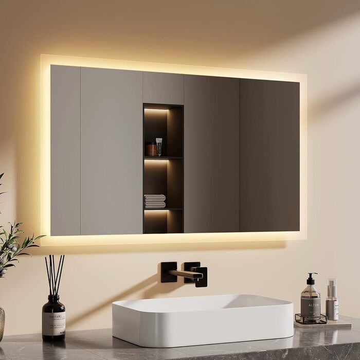 Дзеркало для ванної кімнати EMKE з підсвічуванням 120x60 см, тепле біле світло 3000K, вимикач, антизапар, 2 кольори світла, матовий край