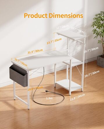 Ігровий стіл CubiCubi зі розетками (2 AC+USB-A+USB-C), 110 x 50 см. Компактний стіл для комп'ютера з регульованою полицею, 4 гачки та кишеня для кіберспортивного кімнати, домашнього офісу, карбонове волокно