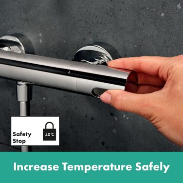 Змішувач для ванної Hansgrohe Ecostat Element накладний з термостатом (SafetyStop 40°C), для 2 споживачів, комплект з водозберігаючим душем та штангою 90 см (хром)