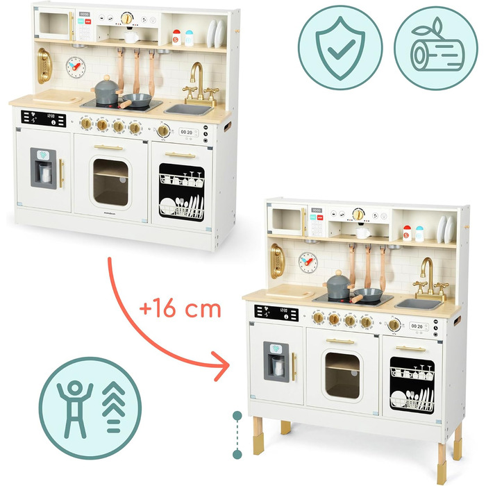 Дерев'яна дитяча кухня Mamabrum з LED-підсвічуванням - ігровий набір кухонь з регульованою висотою, з приготуванням кубиків льоду, мікрохвильовою піччю, плитою та посудомийною машиною. Іграшка для дітей від 3 років