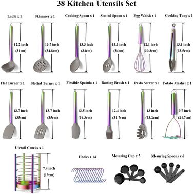 38-ти елементний набір кухонного посуду з силікону з підставкою для інструментів, силіконовими головками та нержавіючою сталею, кухонні аксесуари, набір посуду (сріблястий) (4. Райдуга + посудини для інструментів)