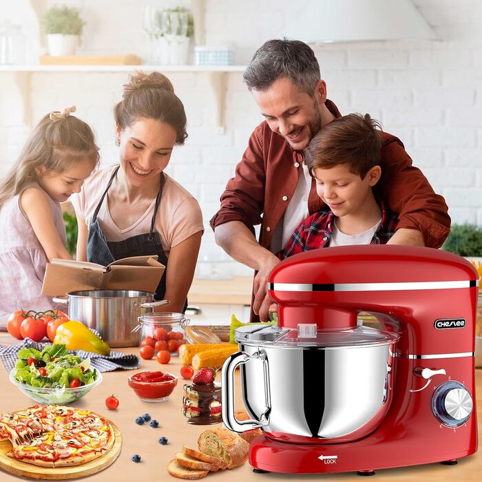 Кухонна машина Cheflee 2000W з місткістю 6.2л, нержавіюча сталь, 6 швидкостей, низький шум, насадки для замішування та збивання, для тіста та крему