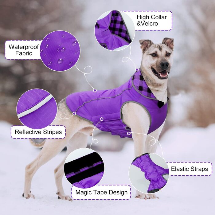 Зимова вітрозахисна куртка для собак з отвором для шлейки, класичний жилет в клітку, водонепроникна куртка для собак, зимова теплий одяг для домашніх тварин, фіолетовий колір (окружність грудей 31-46 см, спинка 29 см) фіолетовий