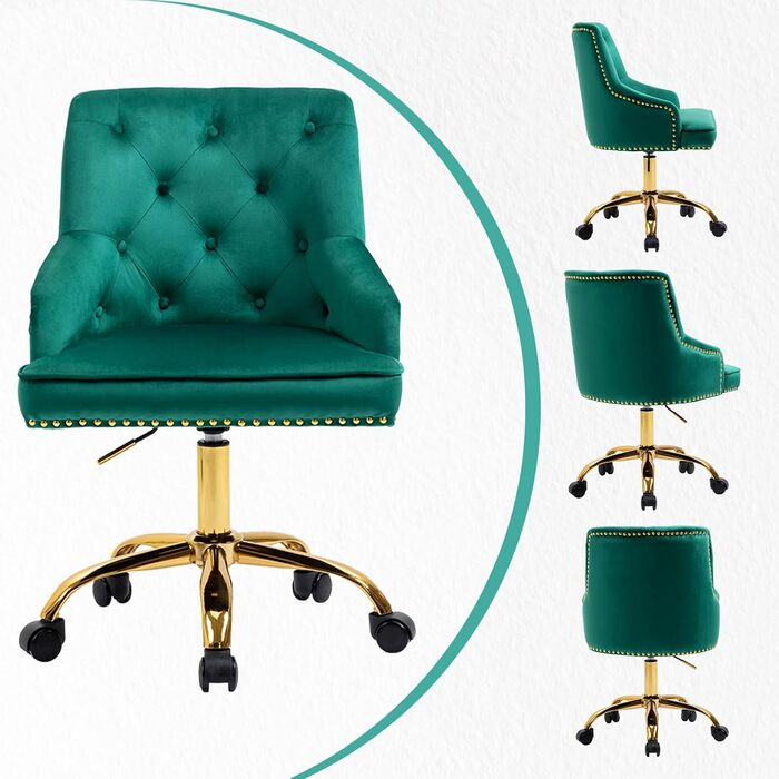 Крісло офісне Fiximaster з велюру, поворотне, з регулюванням висоти, золоті ніжки, для офісу, спальні, туалетного столика, до 135 кг (Зелений)