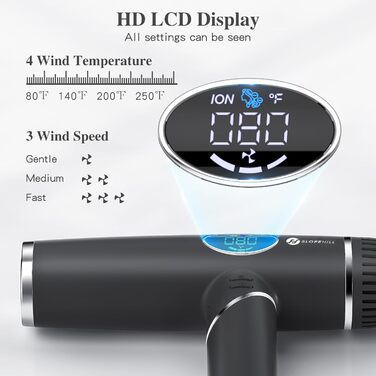 Фен для волосся Slopehill 2000W з іонізацією, безщітковим двигуном 110 000 об/хв, LCD-дисплеєм та 3 дифузорами, складаний, чорний