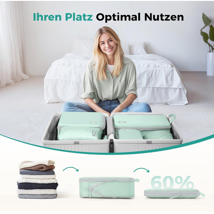 Набір органайзерів для подорожей у валізу з компресією, 8 водонепроникних пакувальних кубів для ручної поклажі та рюкзака, зелений колір