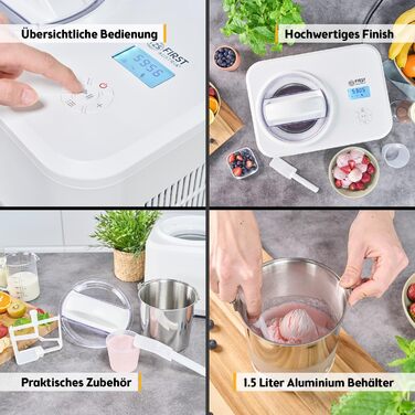 Електрична машина для приготування морозива TZS First Austria 1L з компресором 3 в 1 - для морозива, сорбету та замороженого йогурту. Включає мірний стакан та шпатель.