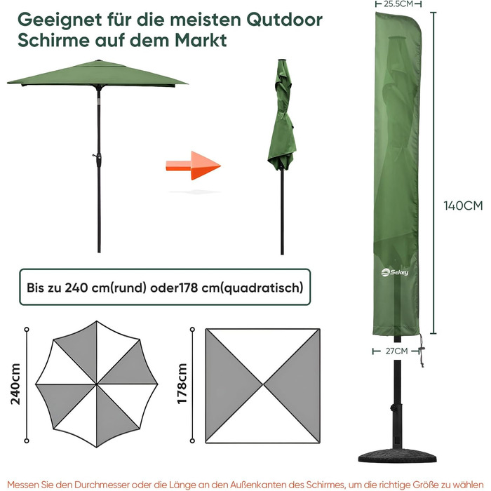 Чохол для парасольки 300 см Sekey Premium | Водонепроникний, UV 50+, з монтажним стрижнем та блискавкою (175×30,5/36,5 см, м'ятний)