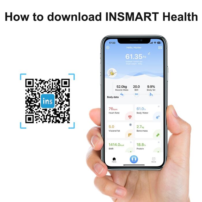 INSMART Розумні ваги для аналізу складу тіла, цифрові ваги з Bluetooth і додатком, вимірювання ваги, ІМТ, жиру, м’язової маси, води, пульсу, білка, BMR, 18 показників