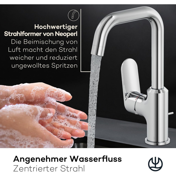 Змішувач для умивальника KLUDI-X1 з витяжною системою, поворотний на 360°, висота виливу 205 мм, водозберігаючий, розмір L, з підключенням, хром, з комплектом для зливу, хром