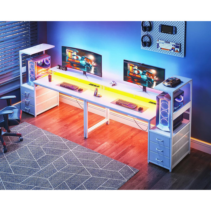 Ігровий стіл Coleshome з шухлядами, 151x50 см, з LED-підсвічуванням та розеткою, з полицями та підставкою для монітора (карбонове волокно)