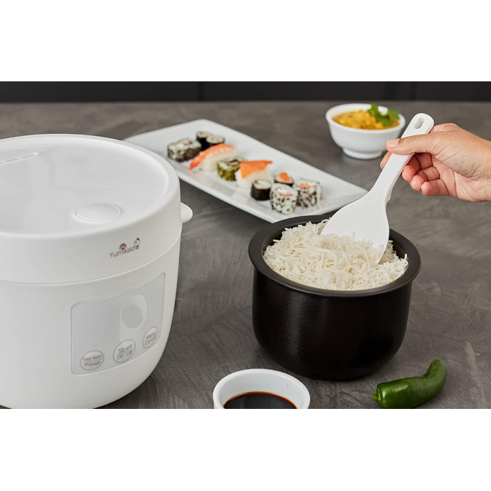 Рисварка Yum Asia Tsuki Mini з керамічною чашею Shinsei (2,5 чашки, 0,45 л), 5 функцій приготування рису, 2 функції мультиварки, LED-дисплей, 220–240V (Білий)