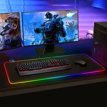 Килимок для миші ігровий RGB 900x400 мм XXL, великий, з підсвічуванням 14 режимів, 7 кольорів LED, вологостійкий, протиковзкий, для комп'ютера, ноутбука, клавіатури, професійний геймер, чорний