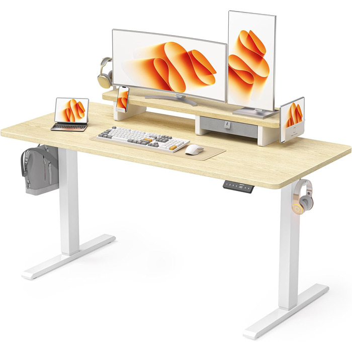 Регульований стіл WALKINGDESK для дому та офісу: електричний, з ящиками, полицями та гачками (140x60 см, дуб)