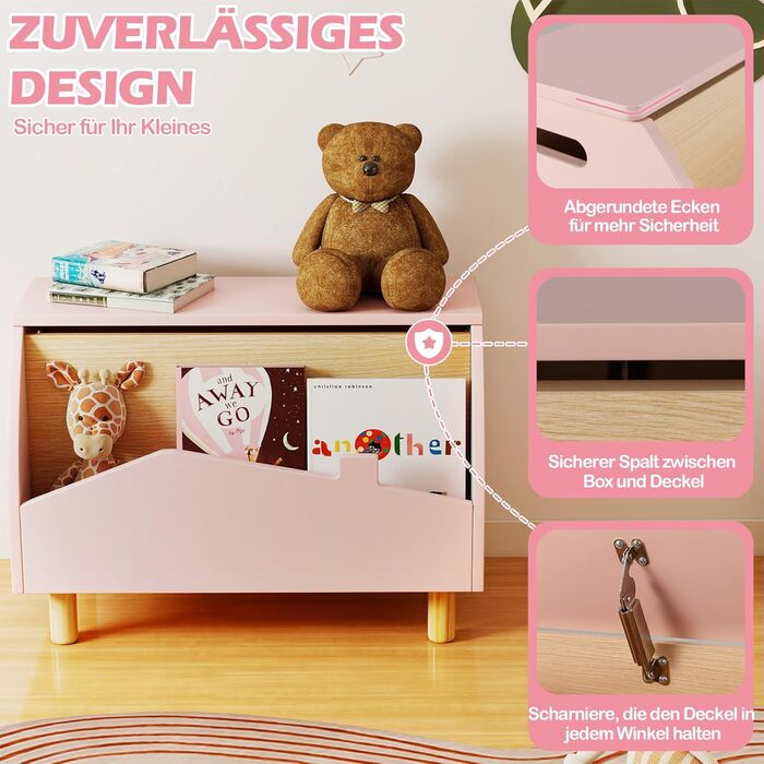 COSTWAY Скринька для іграшок з полицями, дерев'яна іграшковий ящик з кришкою, органайзер для дитячих іграшок, комод для іграшок в дитячу кімнату, 60x30x44 см (Білий, Рожевий)