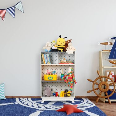 Дитяча полиця для іграшок і книг Relaxdays, HWD 90x60x30 см, 4 відділення, для дівчаток і хлопчиків, полиця для іграшок, біла/сіра
