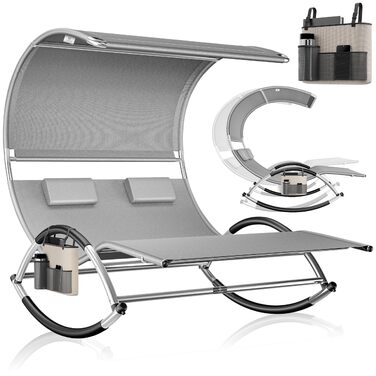 Кесер® Подвійна шезлонг для відпочинку з сонцезахисним дахом, подушкою для голови та кишенею для 2 осіб, садова шезлонг, 240 кг, сірий