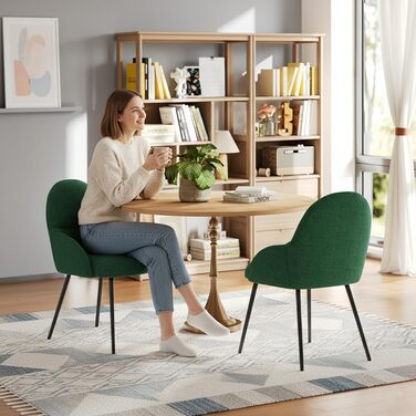 Набір обідніх стільців з підлокітниками – 6 шт. Ергономічні м'які стільці з тканинним покриттям та металевими ніжками для кухні, вітальні, їдальні, Бежевий (Leinen Tannengrün)