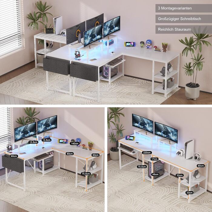 Ігровий стіл Flamaker L-подібний 140x140 см з RGB LED, підставка для монітора та ящик для зберігання | 2 розетки + 2 USB-порти (вуглецеве волокно, чорний) (білий)