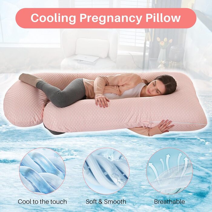 Подушка для вагітних GKXLH – підтримка спини, живота та стегон, J-подібна форма, знімний чохол (Cooling Pink)
