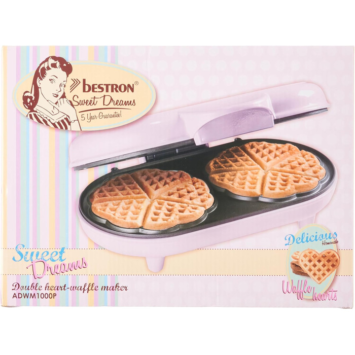 Вафлі Bestron Double Waffle Iron Heart, Антипригарні, Підвісний кошик, Ідеально підходить для урочистостей, Рожевий