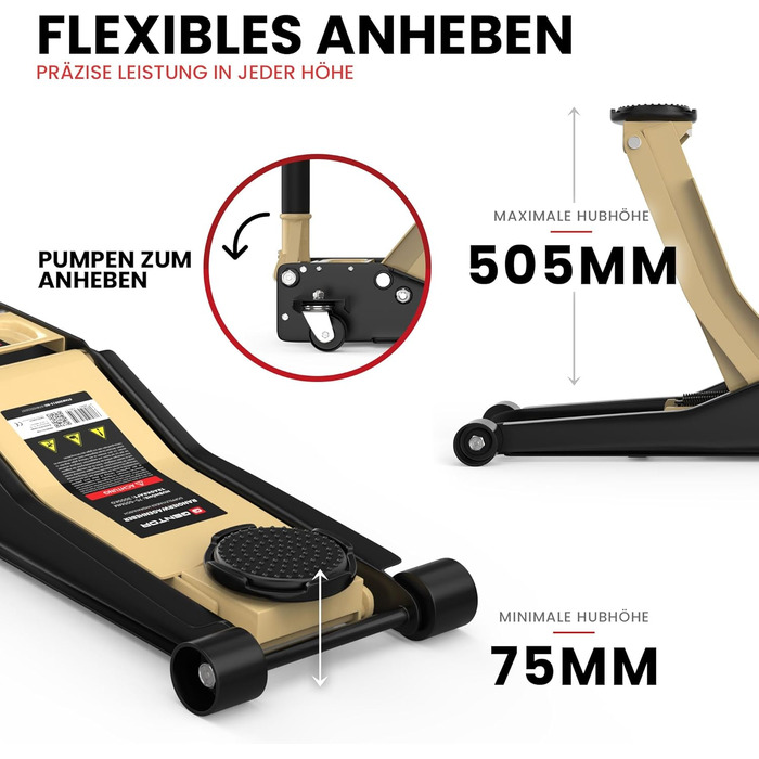 Гідравлічний домкрат 3T низькопрофільний 75-505мм з гумовими накладками для легкових авто та SUV – професійний, поворотний