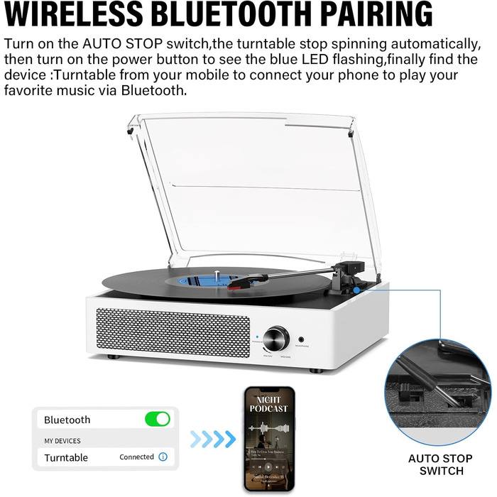 Вініловий програвач ретро-стилю з Bluetooth, портативний, 3 швидкості 33/45/78 об/хв, вбудовані стерео-динаміки, RCA вихід, AUX, білий