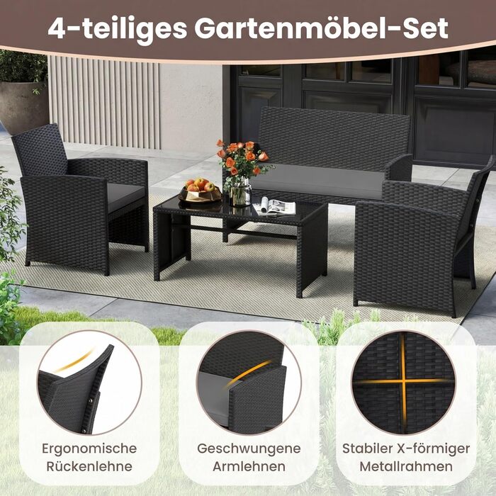 Садовий набір меблів COSTWAY з ротангу для балкона та тераси: диван, 2 крісла, стіл, подушки (сірий + чорний)