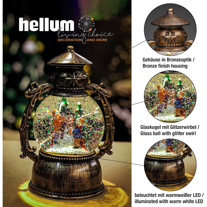 LED ліхтар Hellum Снігова куля на Різдво зі сніговиком, 14x20 см, світлодіодна різдвяна ліхтар з ефектом снігу, працює від батарейок, святкова декоративна ліхтар, 524321