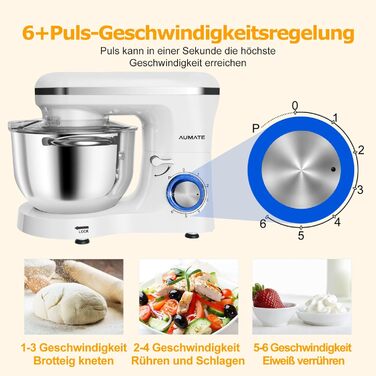 Кухонна машина AUMATE 1400W з міксером, гаком для тіста та набором насадок (6.2 л, порцеляна)