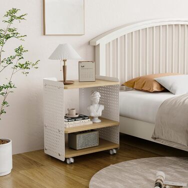 Стіл для принтера Fenge з колесами, мобільний тримач для принтера з перфорацією, 3 рівні, стійка для принтера/роликовий контейнер з органайзером, полиця, шафа для документів, для офісу та дому, 45,3x33,5x53,5 см (Дуб+Білий)