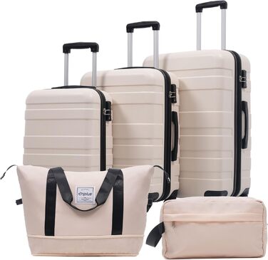 Набір валіз Merax 5 шт. (M-L-XL) з ABS, TSA-замком, розширення L-XL, з сумкою та косметичкою, бежево-чорний